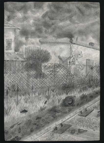 drawing of run down building by the tracks